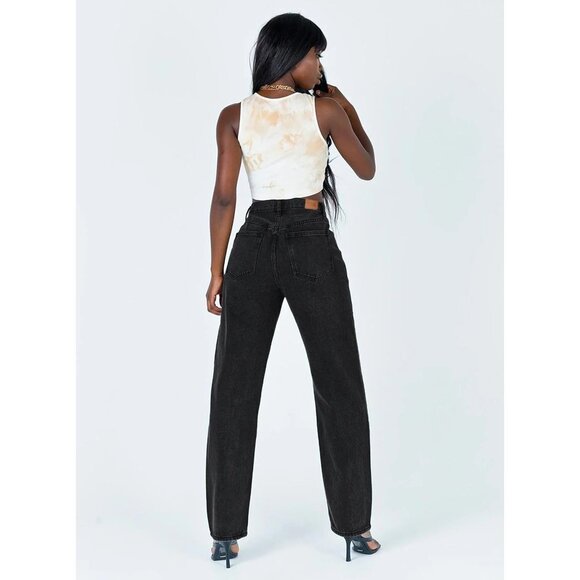 Princess Polly Holly Asymmetric Straight Leg Jeans in Black Denim - Picture 3 of 7